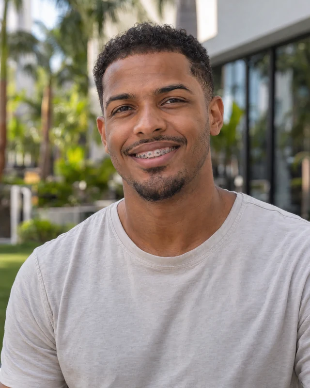 Smiling young man with braces outdoors